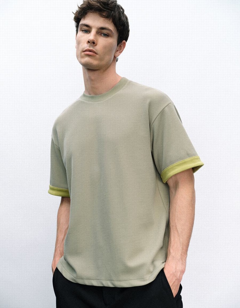 Urban Revivo Crew Neck Knitted Men\'s T Shirts Green | OEN2237ZQ