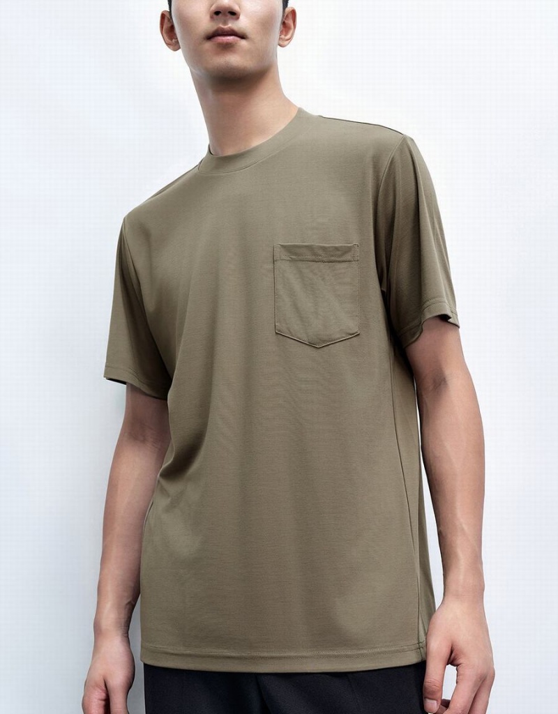 Urban Revivo Crew Neck Loose Men's T Shirts Khaki | FFK5342UZ