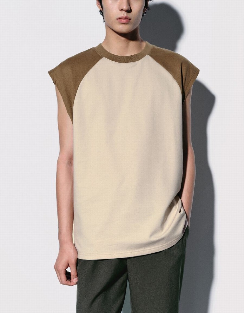 Urban Revivo Crew Neck Loose Men's Tank Top Light Khaki | NAH326SO