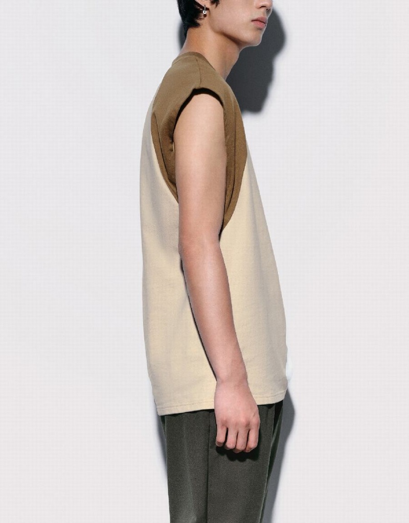 Urban Revivo Crew Neck Loose Men's Tank Top Light Khaki | NAH326SO