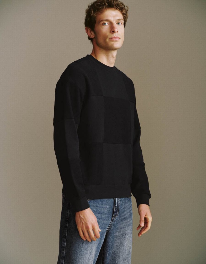 Urban Revivo Crew Neck Men's Sweatshirts Black | UGQ7971OF