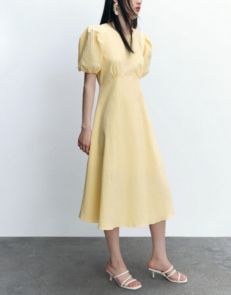 Urban Revivo Crew Neck Midi Skater Women's Dress Yellow | ANT5380DV