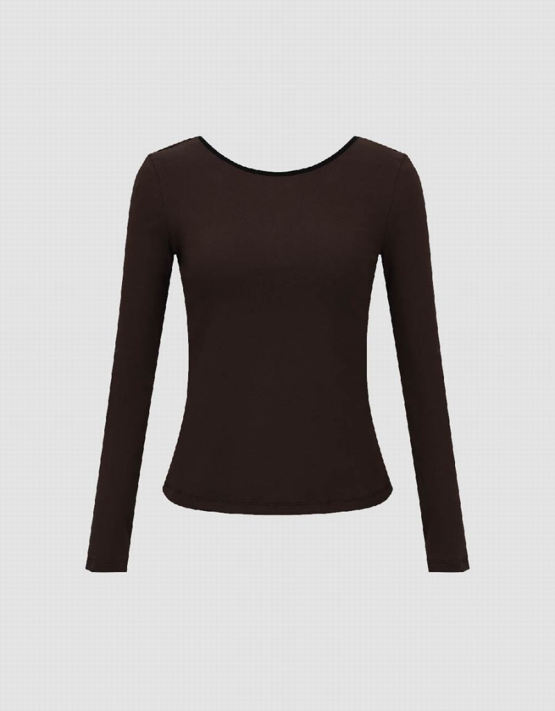 Urban Revivo Crew Neck Skinny Knitted Women's T Shirts Dark Brown | AHM2587KZ