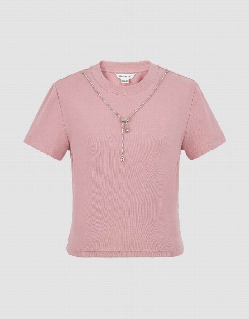 Urban Revivo Crew Neck Skinny With Necklace Women's T Shirts Pink | NPV960FR