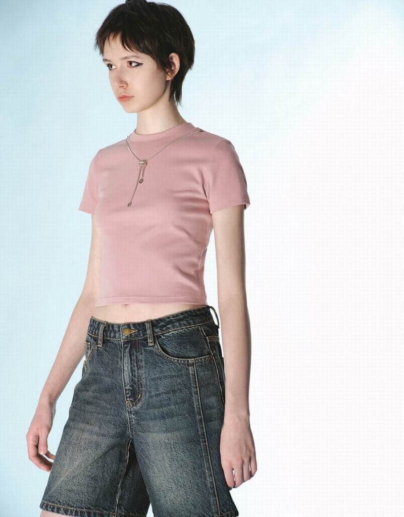 Urban Revivo Crew Neck Skinny With Necklace Women's T Shirts Pink | NPV960FR