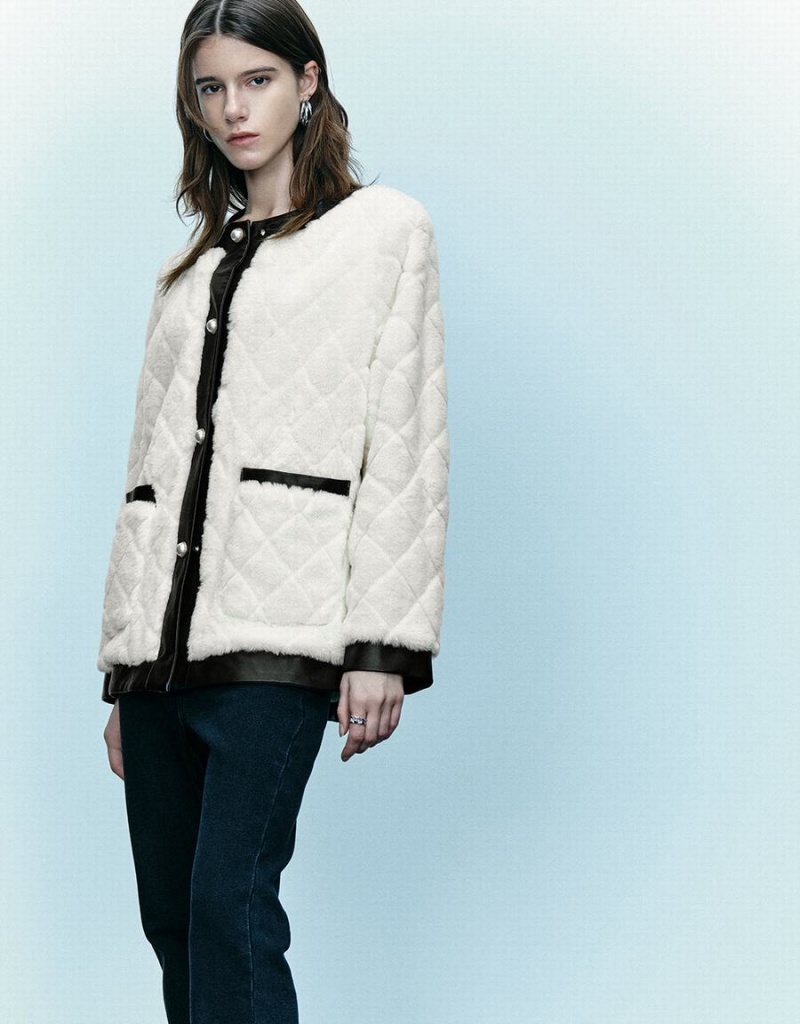 Urban Revivo Crew Neck Straight Furry Women's Coats White | JET7484QM