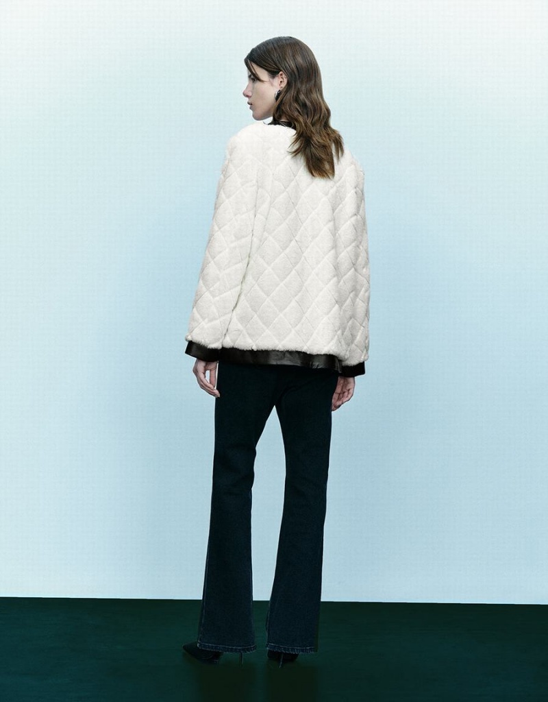 Urban Revivo Crew Neck Straight Furry Women's Coats White | JET7484QM