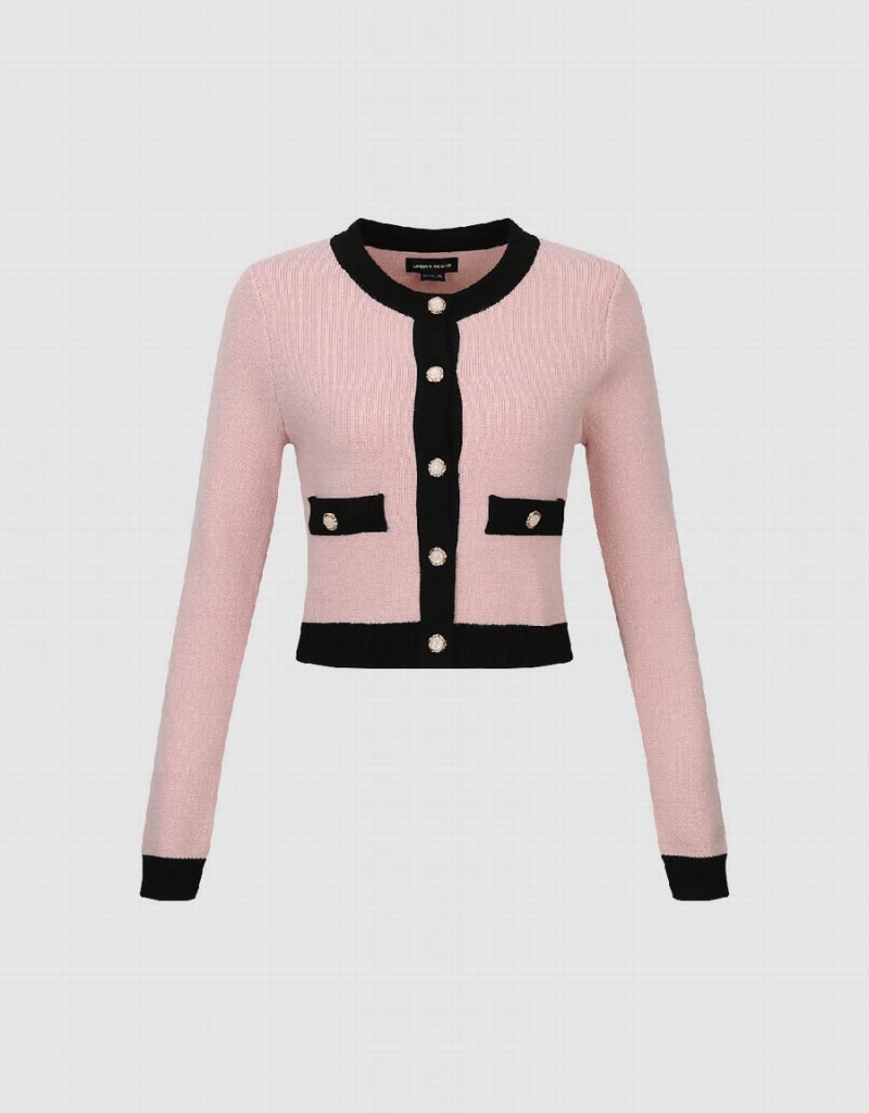 Urban Revivo Crew Neck Straight Knitted Women's Cardigan Pink | IDV6937TZ