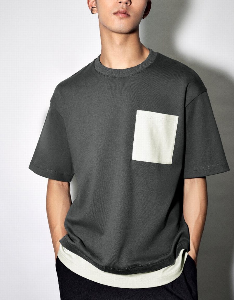 Urban Revivo Crew Neck Straight Knitted Men's T Shirts Dark Grey | BOG7422JT