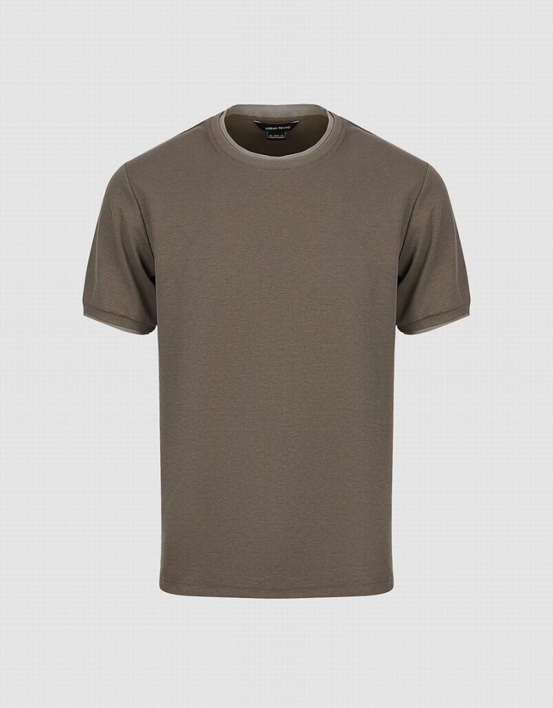 Urban Revivo Crew Neck Straight Men's T Shirts Khaki | CWD3144VH