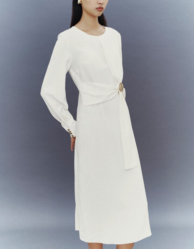 Urban Revivo Crew Neck Straight With Belt Decor Women's Dress White | EFD131MY