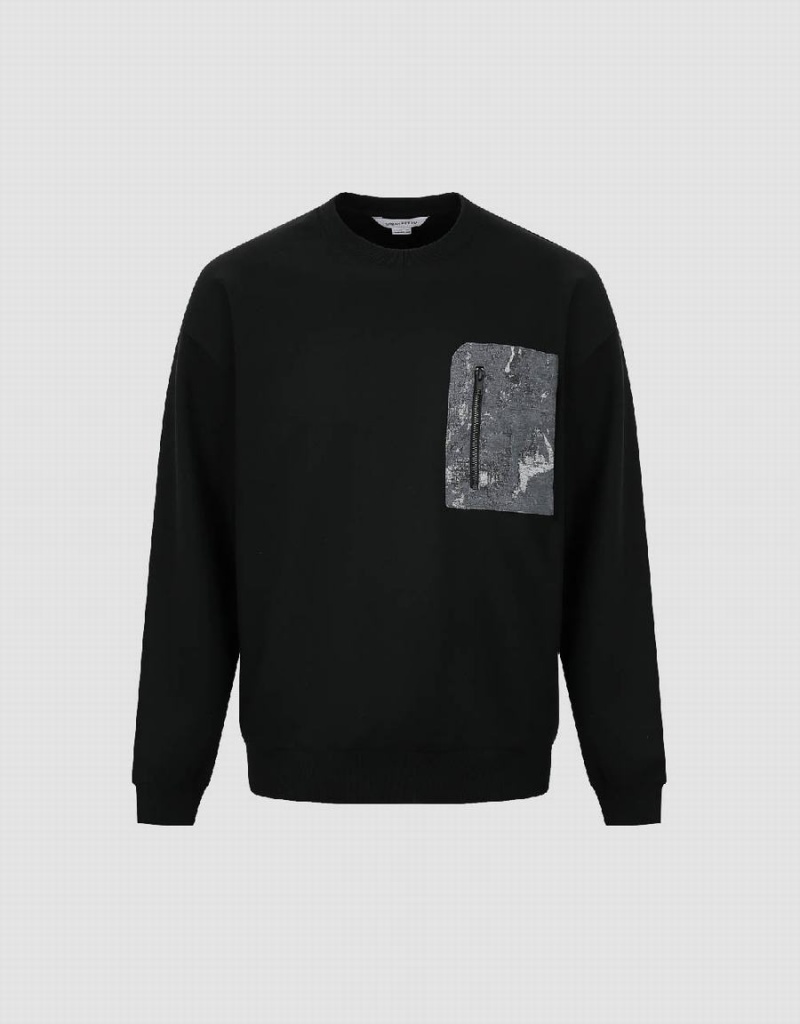 Urban Revivo Crew Neck With Zipped Pocket Men's Sweatshirts Black | WYE5767RW