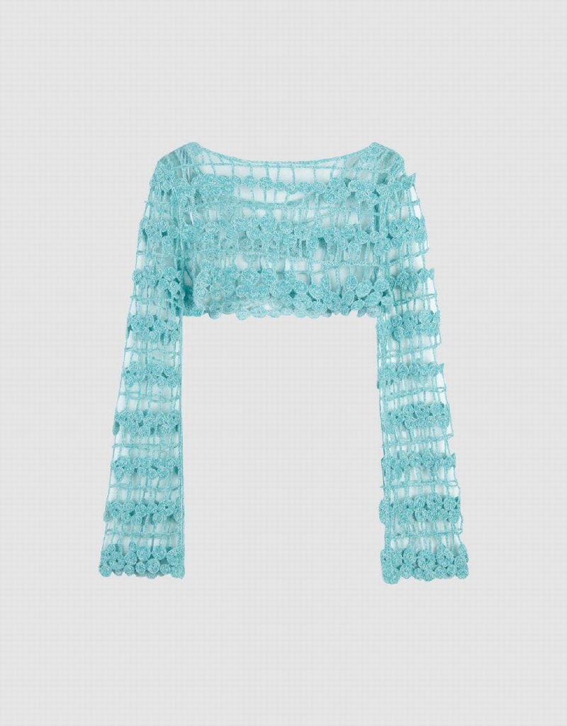 Urban Revivo Crochet Knitted Women's Cardigan Blue | LKT9515BR