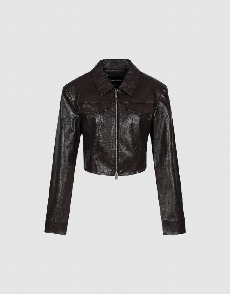 Urban Revivo Cropped Zipper Front Vegan Women's Leather Jackets Brown | LBX1097NQ