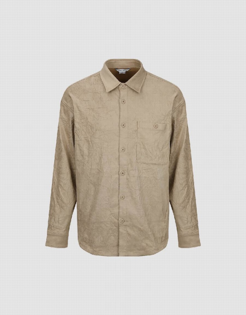 Urban Revivo Crumpled Effect Loose Men's Shirts Khaki | ECO3192CP