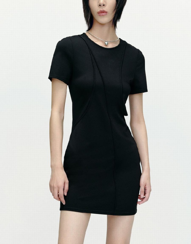 Urban Revivo Cut-Out Crew Neck Skinny Women's Dress Black | EFE1578EZ