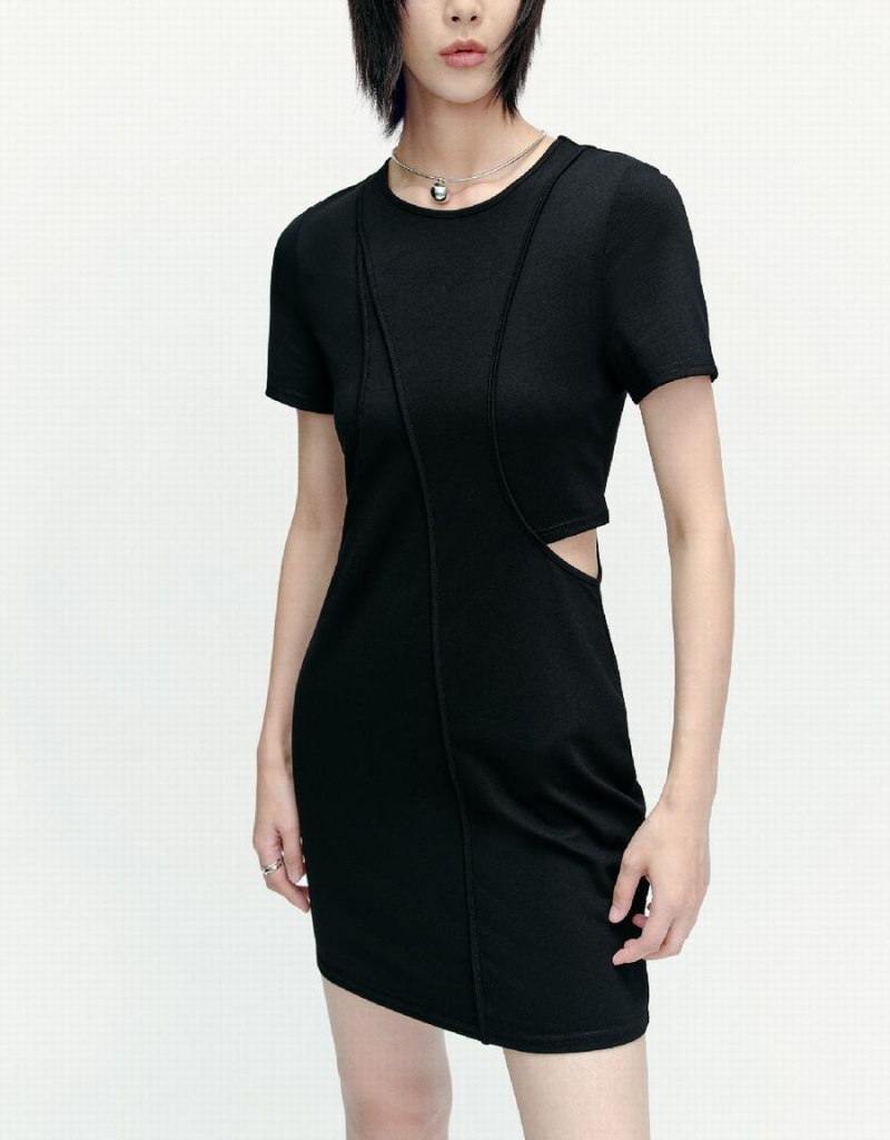 Urban Revivo Cut-Out Crew Neck Skinny Women's Dress Black | EFE1578EZ