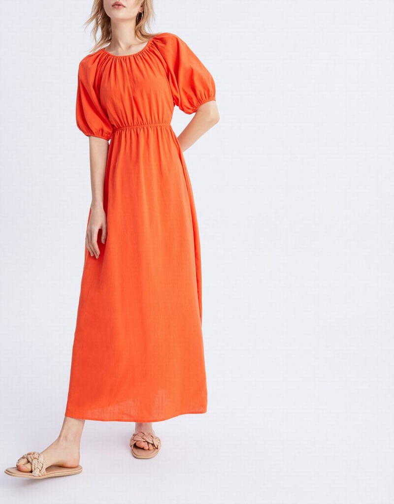 Urban Revivo Cut Out Back Puff Sleeve Maxi Women's Dress Orange | XKR290WJ