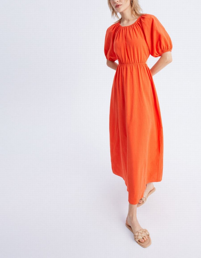 Urban Revivo Cut Out Back Puff Sleeve Maxi Women's Dress Orange | XKR290WJ