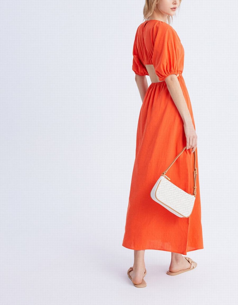 Urban Revivo Cut Out Back Puff Sleeve Maxi Women's Dress Orange | XKR290WJ