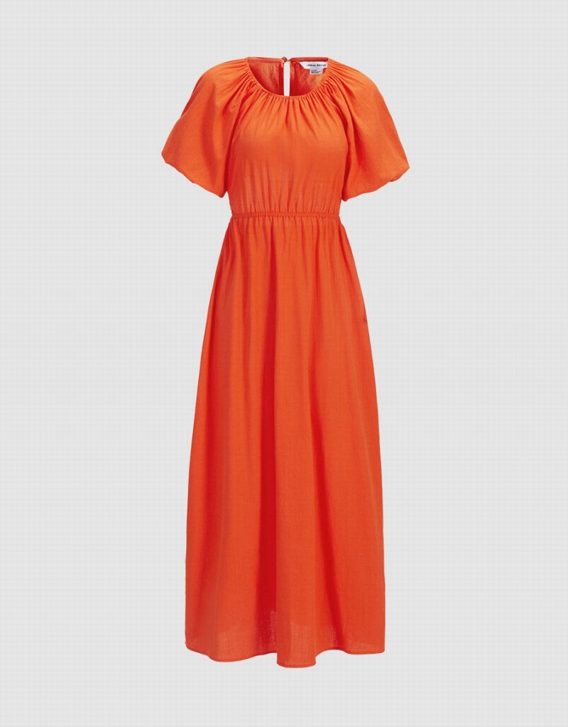 Urban Revivo Cut Out Back Puff Sleeve Maxi Women\'s Dress Orange | XKR290WJ