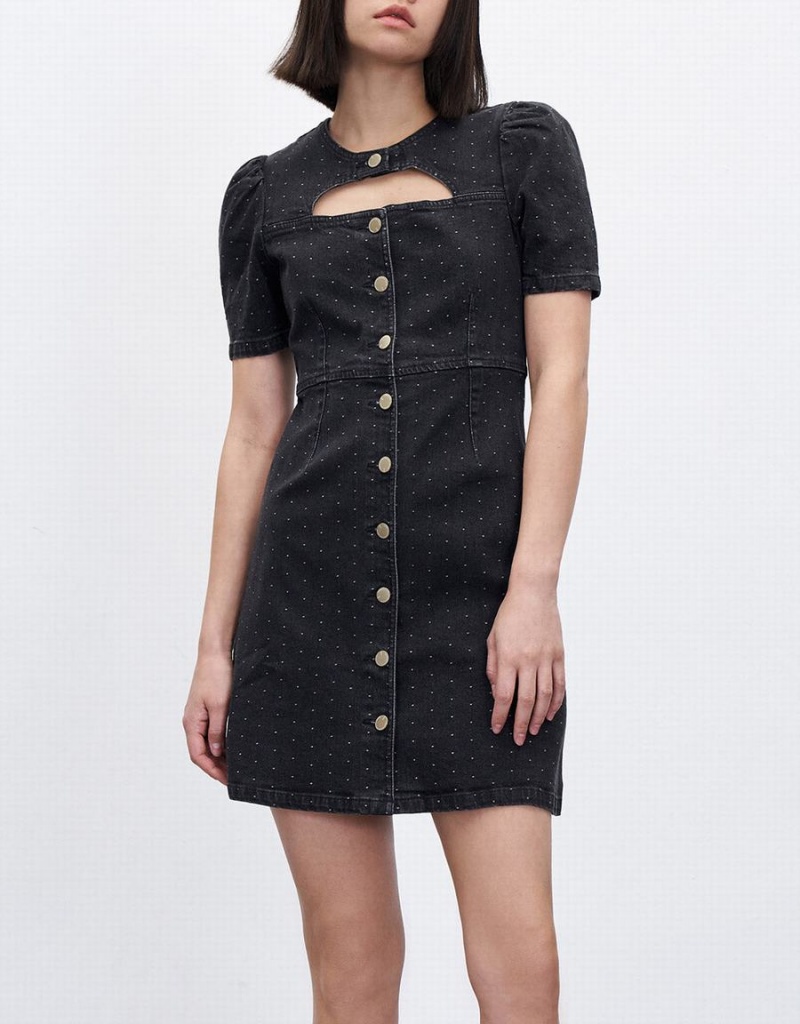 Urban Revivo Cut Out Polka Dot Button Front Denim Women's Dress Black | RVJ945WJ