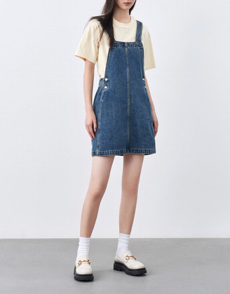 Urban Revivo Denim Pinafore Women's Dress Blue | ZAP7940LL