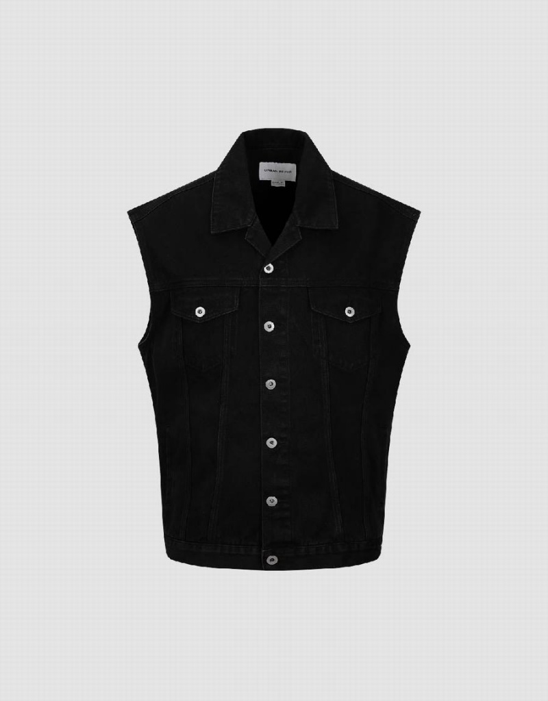 Urban Revivo Denim Waistcoat Men's Denim Jackets Black | HFT814SL