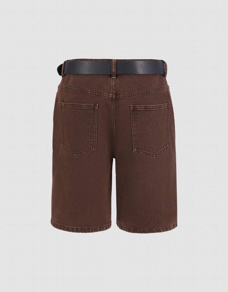 Urban Revivo Denim With Belt Women's Shorts Brown | KDU513KX