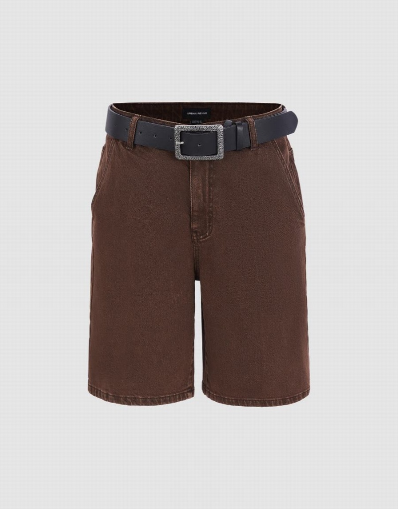 Urban Revivo Denim With Belt Women's Shorts Brown | KDU513KX