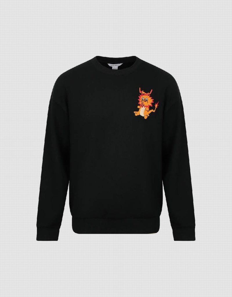 Urban Revivo Dragon Embossed Crew Neck Men's Sweatshirts Black | TUJ947GN