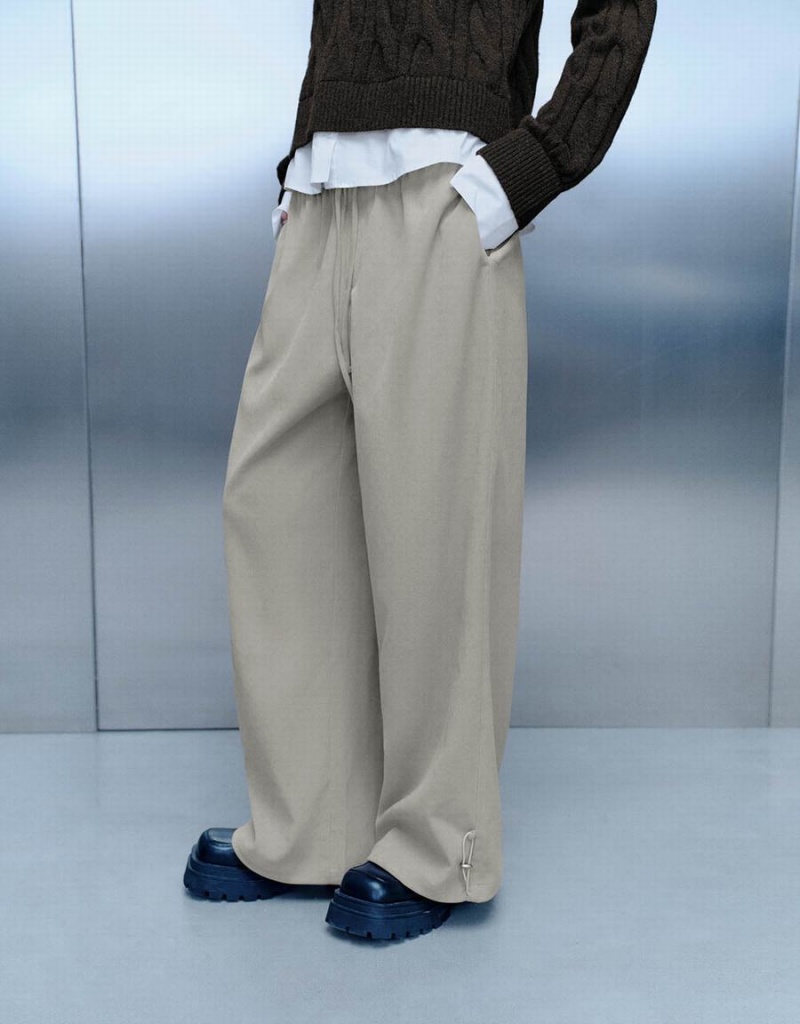 Urban Revivo Drawstring Waist Knitted Wide-Leg Women's Pants Khaki Grey | KUW2015GQ