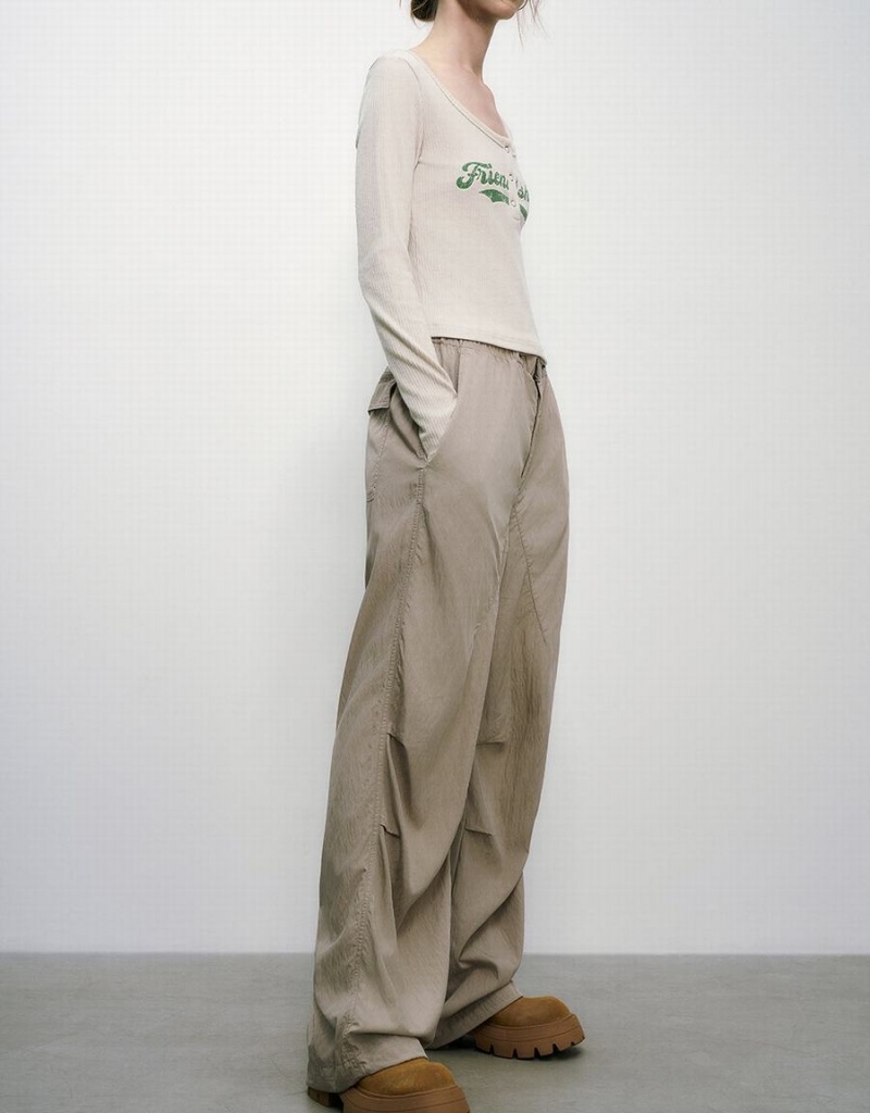 Urban Revivo Drawstring Waist Wide-Leg Women's Pants Khaki Grey | SLG2764AT