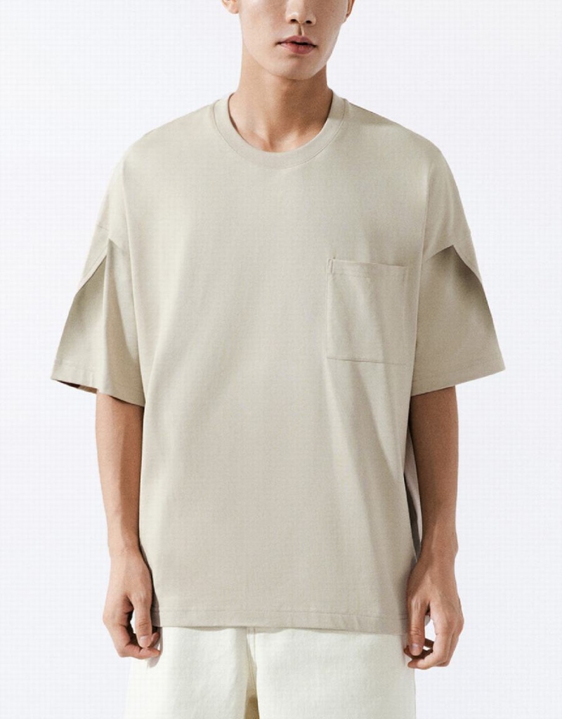 Urban Revivo Drop Shoulder Sleeve Crew Neck Men's T Shirts Khaki | CKD5863HL