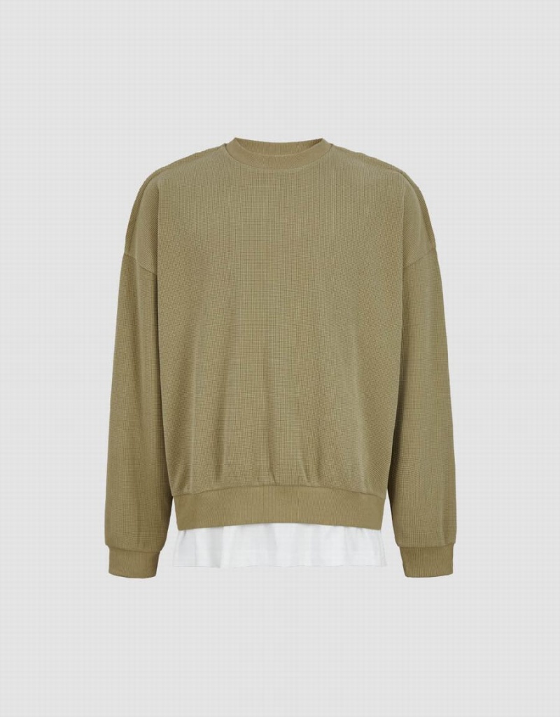 Urban Revivo Drop Shoulder Sleeve Crew Neck Men's Sweatshirts Khaki | AGO4051BY