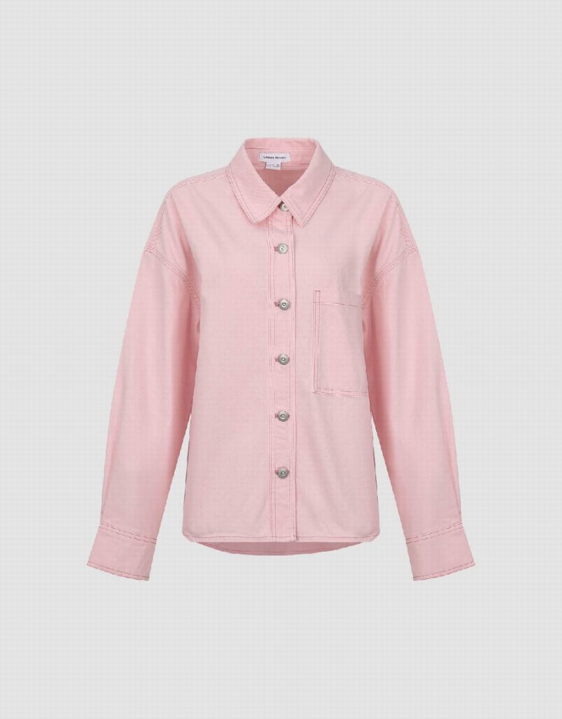 Urban Revivo Drop Shoulder Sleeve Denim Women's Shirts Pink | KRS1842OL