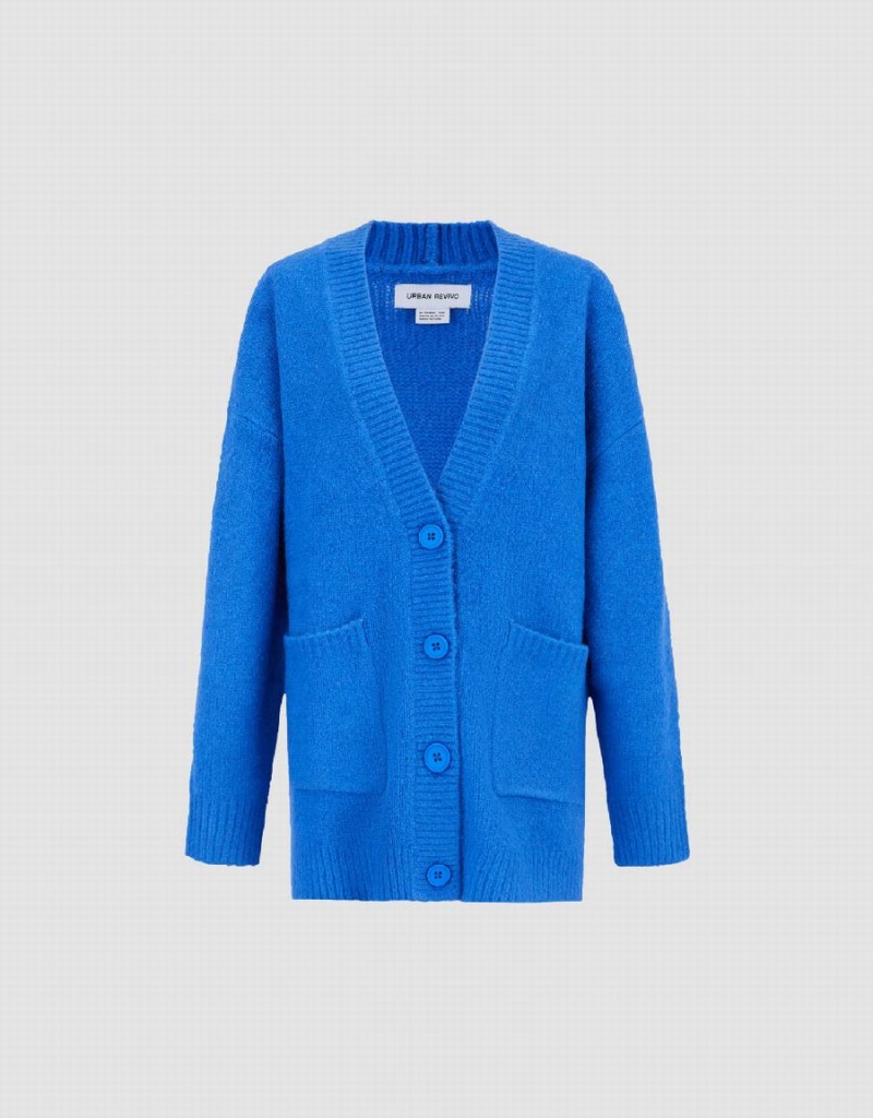 Urban Revivo Drop Shoulder Sleeve V-Neck Knitted Women's Cardigan Blue | GXE1112JN