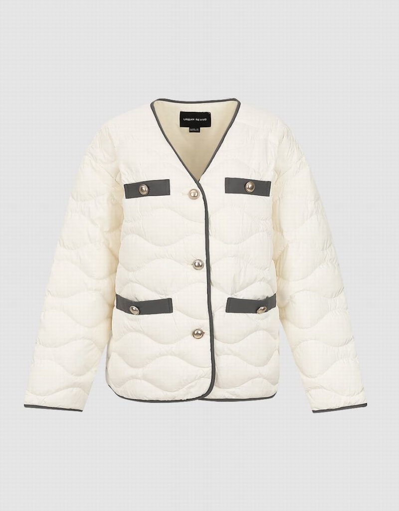 Urban Revivo Drop Shoulder Sleeve V-Neck Women's Down Jackets White | MEW545HQ