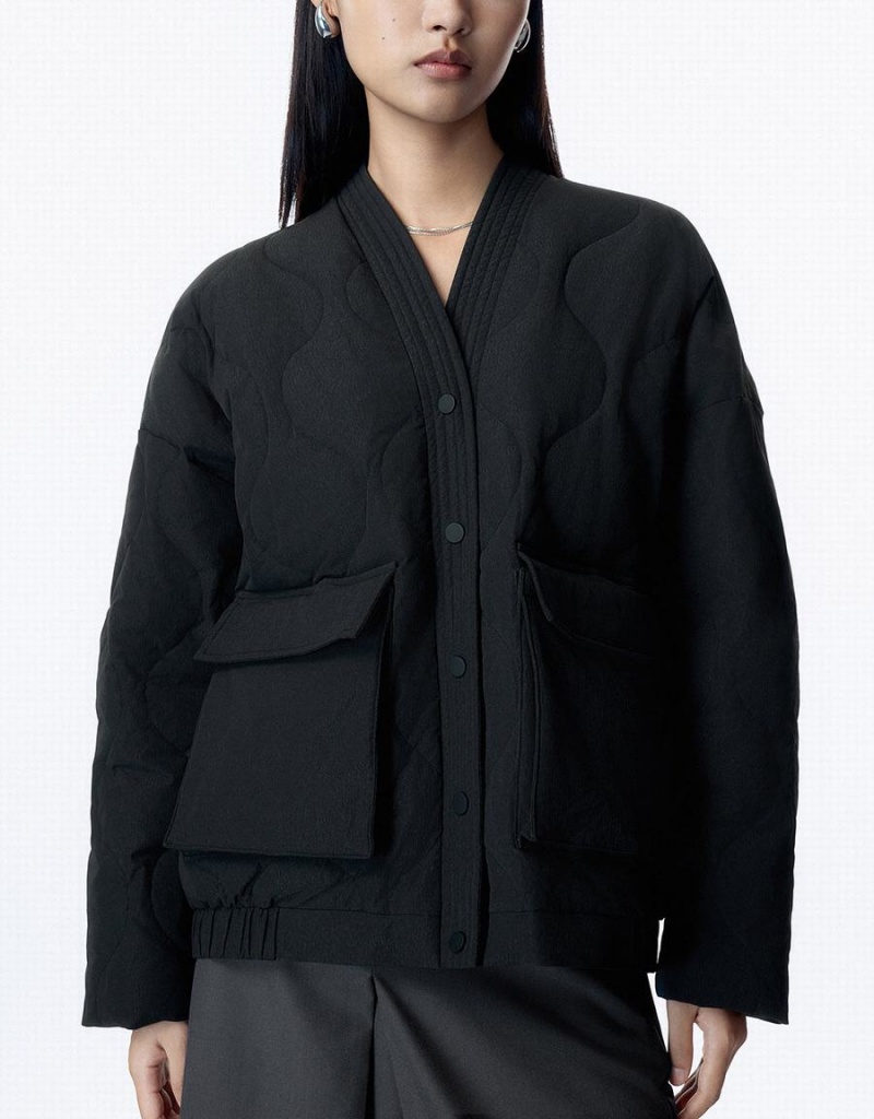 Urban Revivo Drop Shoulder Sleeve V-Neck Women's Down Jackets Black | KOO6661JZ