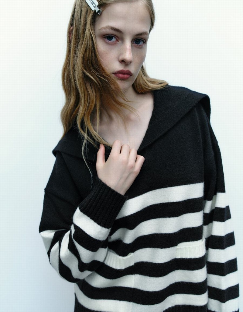 Urban Revivo Drop Shoulder Sleeve Striped Knitted Women's Cardigan Black | NJZ2321OP