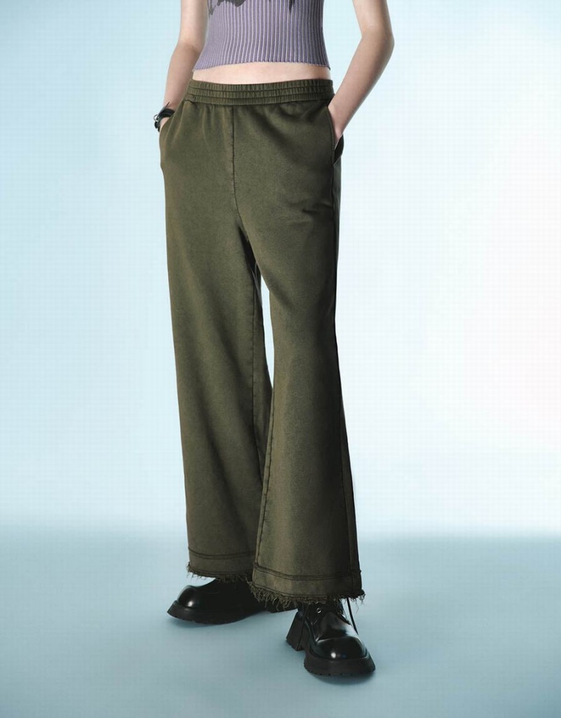 Urban Revivo Elastic Waist Knitted Wide-Leg Women's Pants Green | LDC404PY