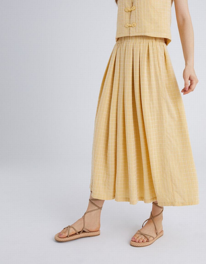 Urban Revivo Elastic Waist Plaid Skater Women's Skirts Yellow | YYY2746XX