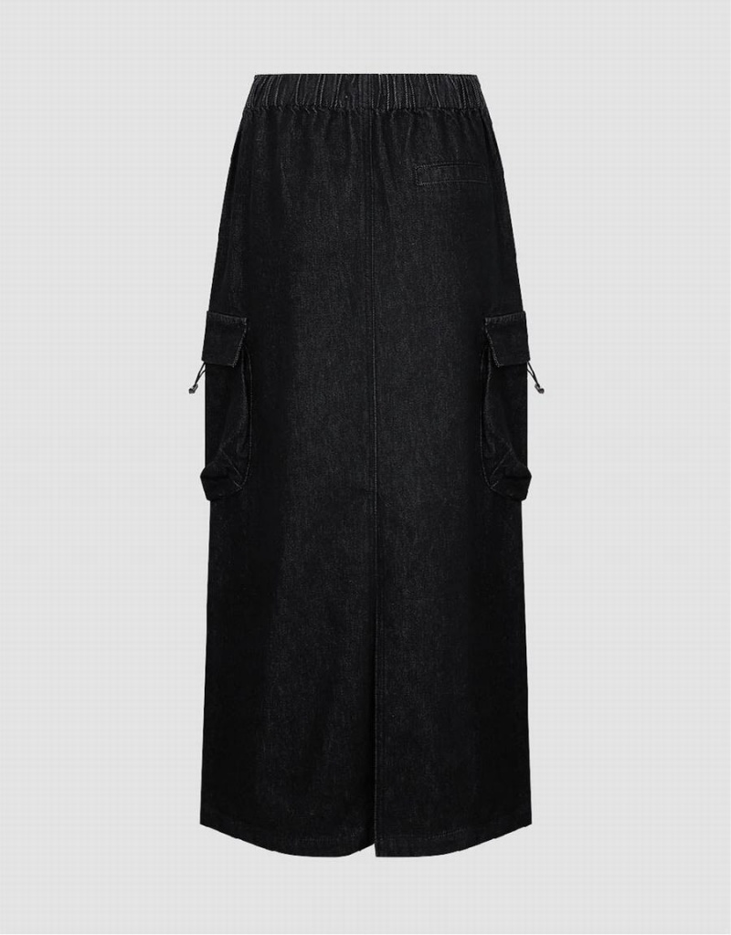 Urban Revivo Elastic Waist Straight Denim Women's Skirts Black | HAL721ZT