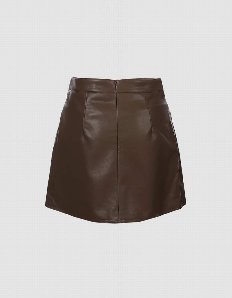 Urban Revivo Faux Leather Wrapped Women's Skirts Brown | MCK9963YX