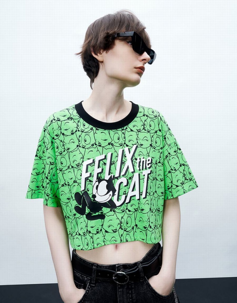 Urban Revivo Felix The Cat Printed Crew Neck Women's T Shirts Green | YSJ7062UX