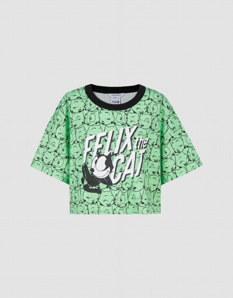 Urban Revivo Felix The Cat Printed Crew Neck Women's T Shirts Green | YSJ7062UX