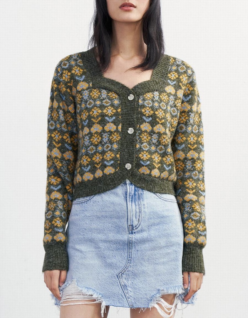 Urban Revivo Floral Button Up Women's Cardigan Green | CWL6410LB