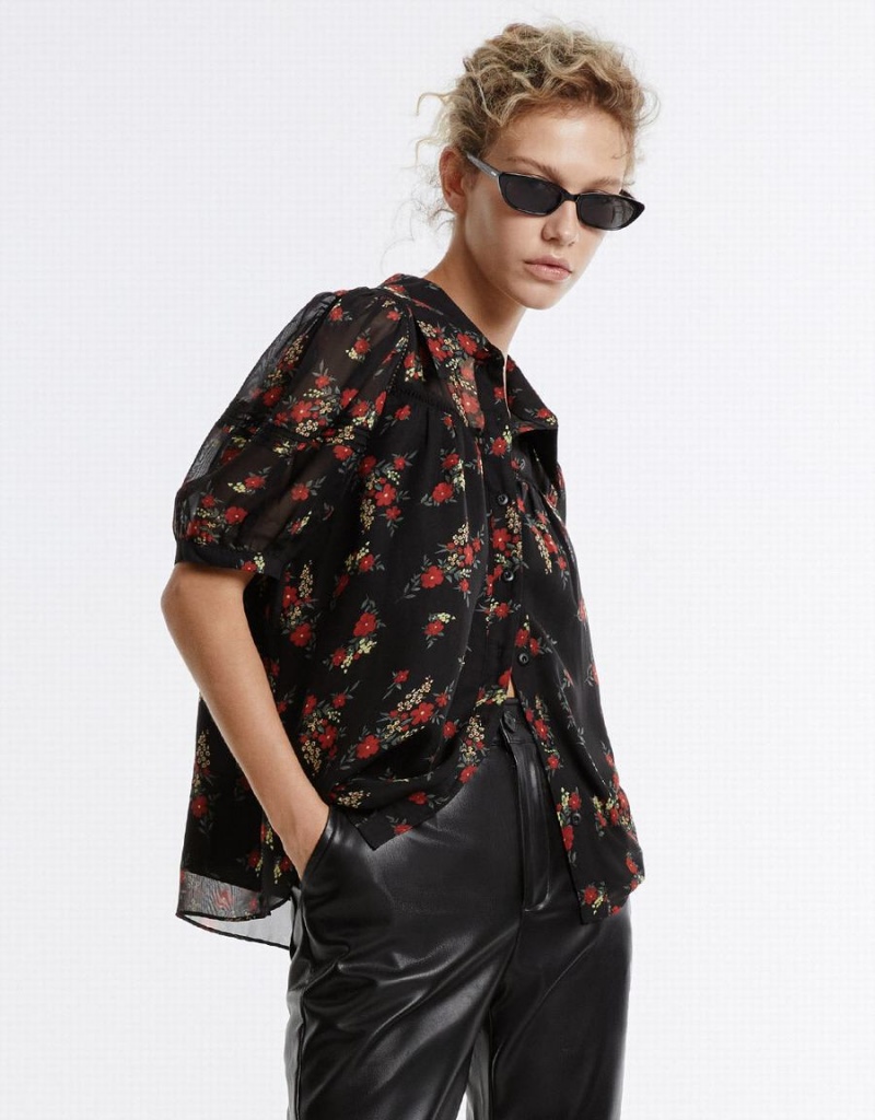 Urban Revivo Floral Button Up Women's Shirts Black Red | WBX3577YO