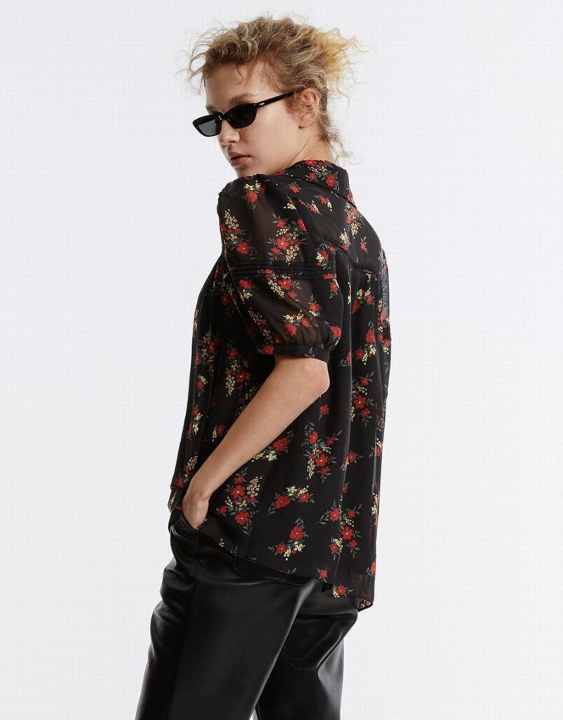 Urban Revivo Floral Button Up Women's Shirts Black Red | WBX3577YO