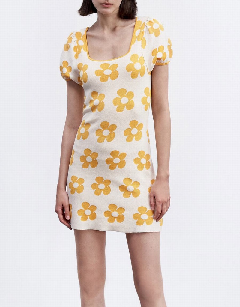 Urban Revivo Floral Pattern Puff Sleeve Knitted Women's Dress Yellow White | PYM6938WW